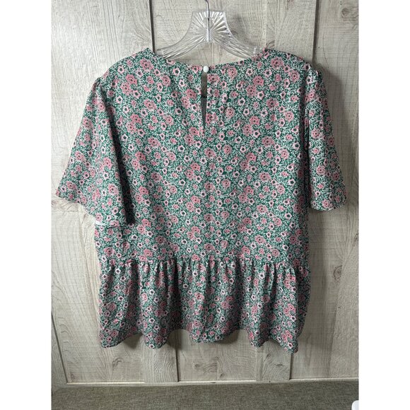 Floral Print Peplum Pullover Shirt Top Womens XL Green Pink Short Sleeve Summer - Picture 2 of 6
